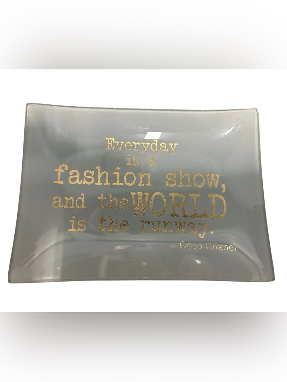 Coco Chanel Quote Glass Trinket Tray in Gray with Gold Lettering